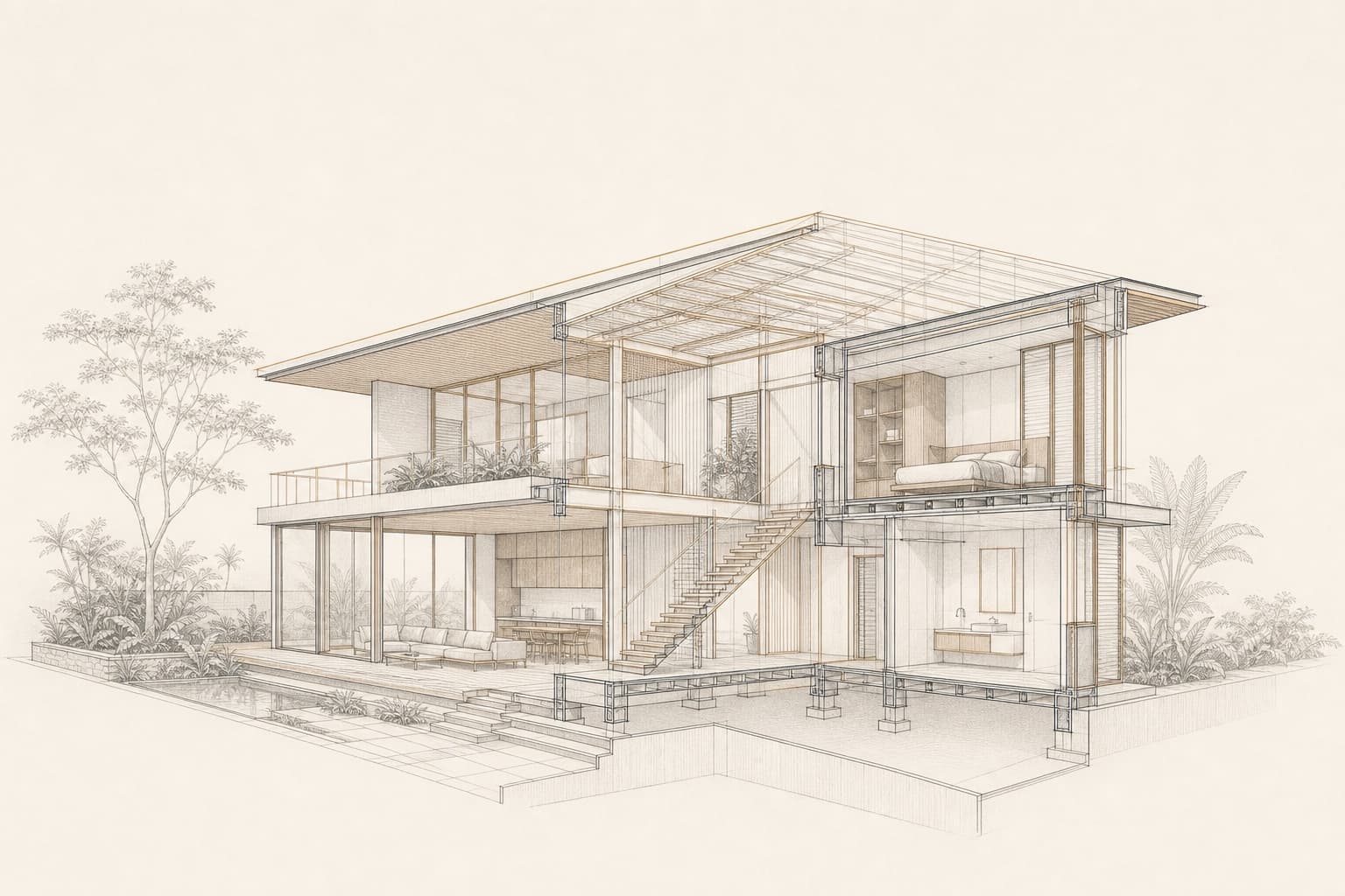 Bản vẽ axonometric cắt lớp thể hiện kiến trúc, không gian nội thất và hệ kết cấu của một ngôi nhà hiện đại.