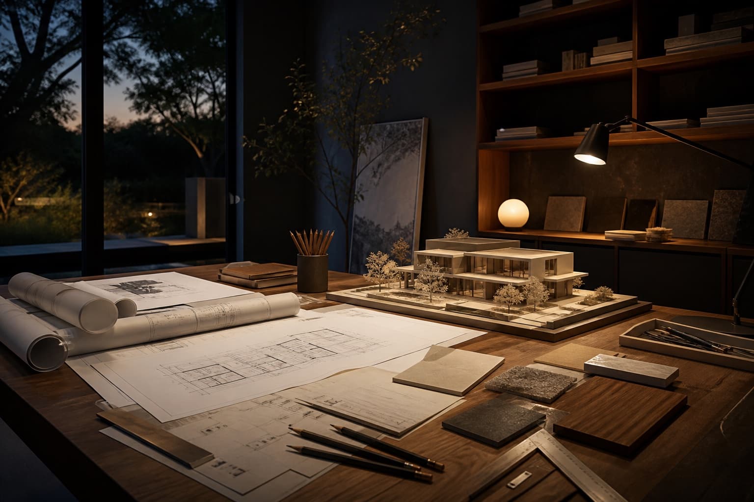 Hình minh họa một studio kiến trúc không có người, với mô hình nhà ở, bản vẽ và các mẫu vật liệu trên bàn làm việc.