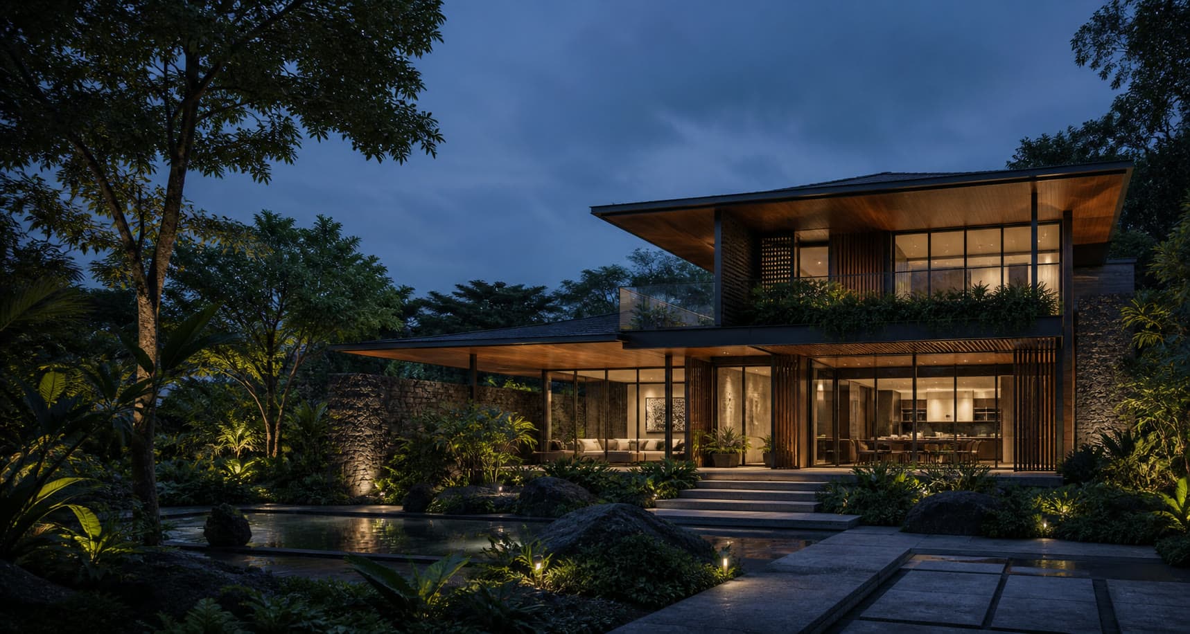 Phối cảnh concept ngôi nhà hai tầng với mái vươn rộng, gỗ ấm, đá tối màu và khu vườn nhiệt đới vào buổi chạng vạng.